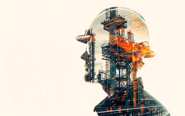 Photo double exposure of construction worker and industrial plant with digital hologram