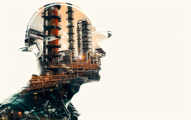 Photo double exposure of construction worker and industrial plant with digital hologram