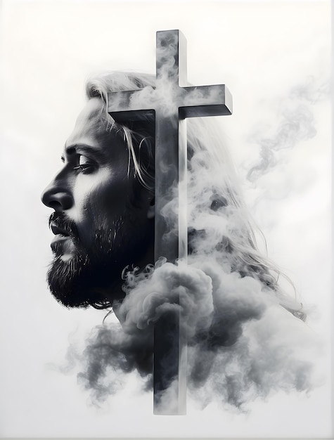 Double exposure creation of Jesus and holy cross