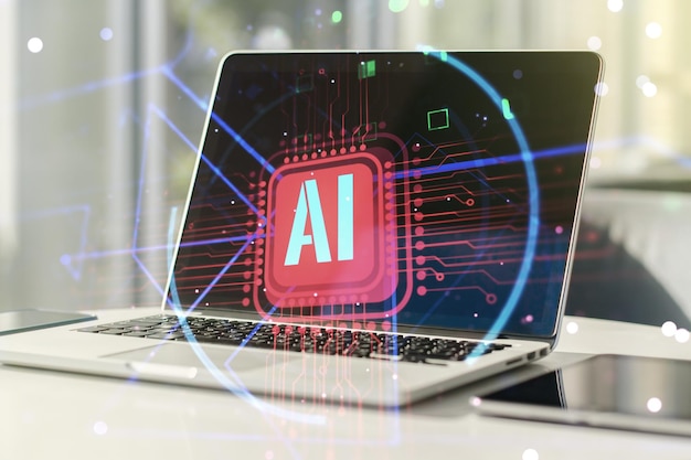 Double exposure of creative artificial Intelligence abbreviation with computer on background Future technology and AI concept