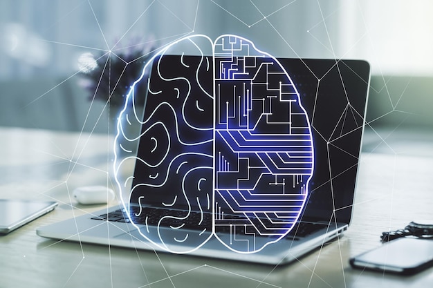 Double exposure of creative artificial Intelligence symbol with modern laptop on background Neural networks and machine learning concept