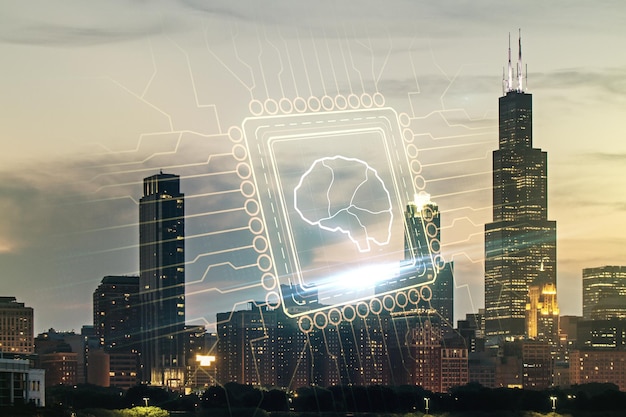 Double exposure of creative human brain microcircuit hologram on chicago office buildings background