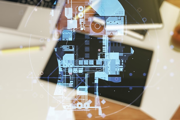 Double exposure of creative human head microcircuit and modern digital tablet on background Future technology and AI concept