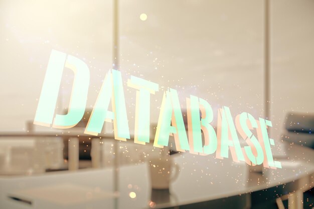 Double exposure of Database word sign on a modern conference room background global research and analytics concept