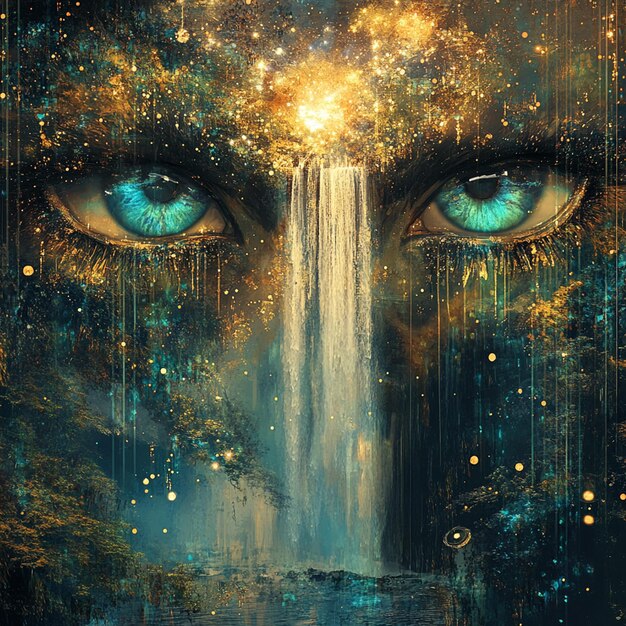 Photo double exposure digital art ethereal eyes and cosmic waterfall