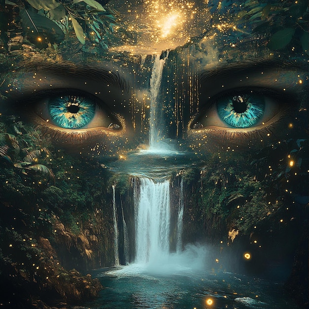 Photo double exposure digital art ethereal eyes and cosmic waterfall