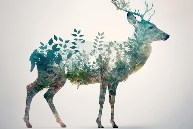 Double exposure or double exposition photo montage of a deer with leaves and other plants