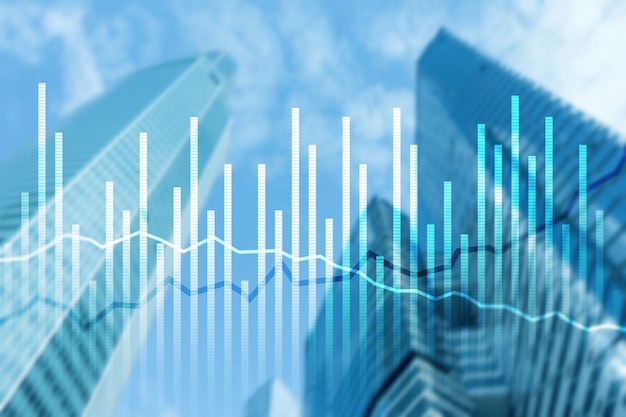 Double exposure Economics growth diagrams on blurred background Business and investment concept