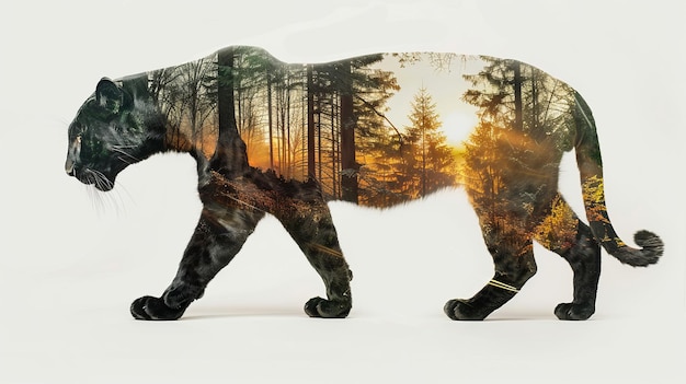 Double exposure effect of a walking black panther with a bamboo forest isolated on a white background