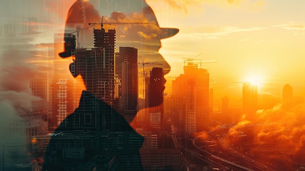 Double exposure of an engineer and the sightly skyscraper sunset colors