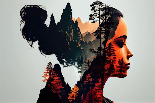 Double exposure face of Asian woman with Zhang jia jie mountain