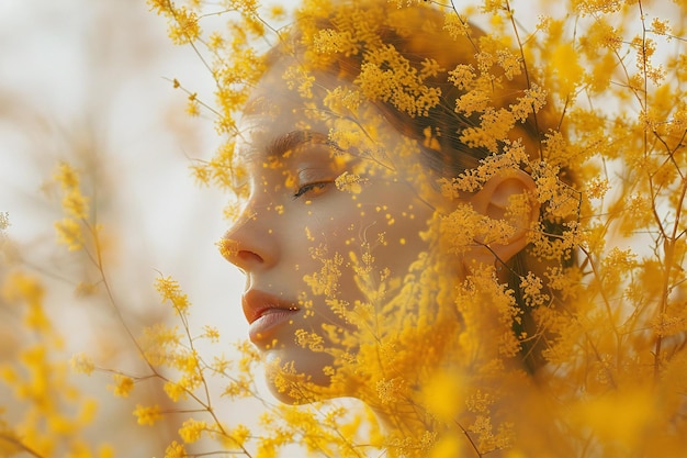 A double exposure of the face and hair profile in yellow color with mimosa flowers the background i