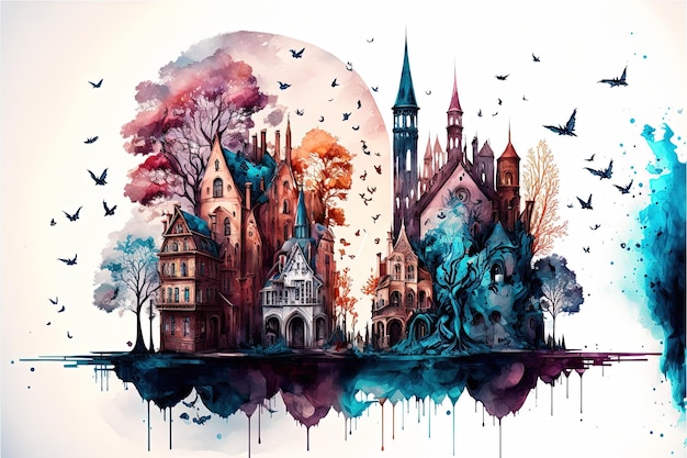 Double exposure of a fairy tale city and castke panorama and colorful ink paint splashes Generative Ai