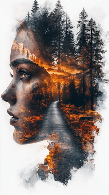 Photo double exposure of a female face with a dramatic mountain and forest backdrop