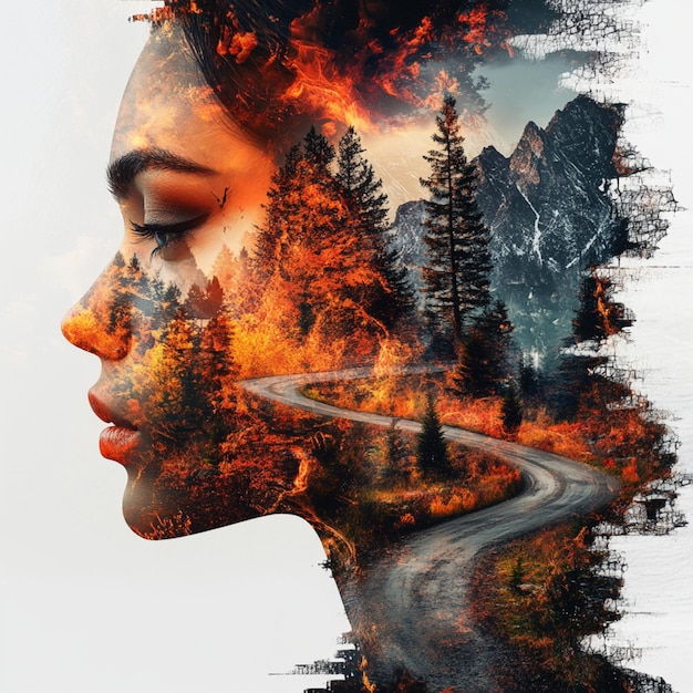 Photo double exposure of a female face with a dramatic mountain and forest backdrop