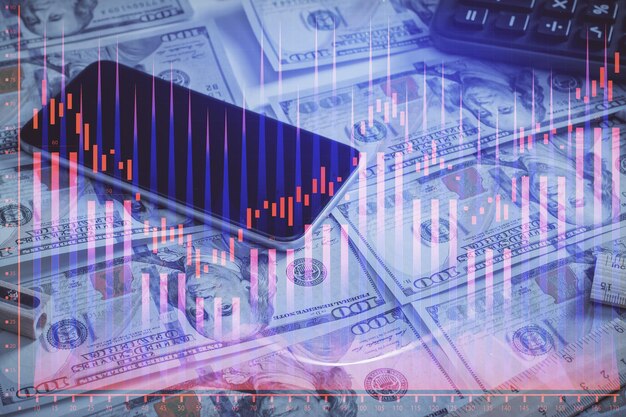 Photo double exposure of forex graph drawing over us dollars bill background concept of financial markets