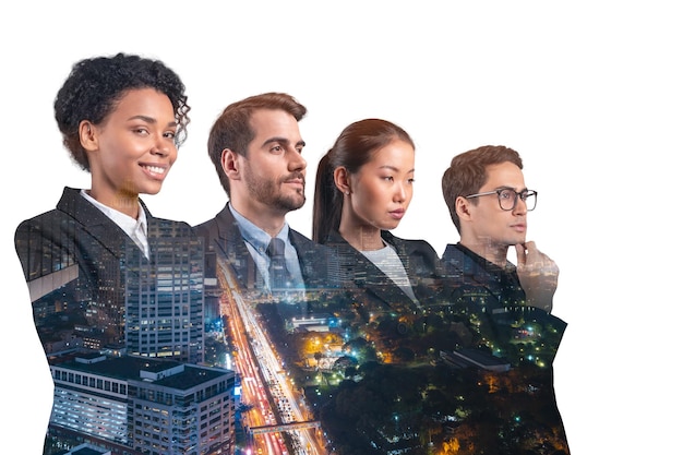 Double exposure of four young successful business people standing in front of Asian city Bangkok background Concept of international teamwork together Night time