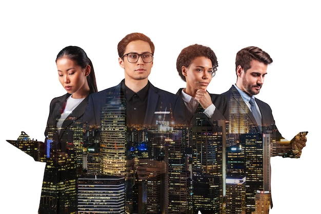 Double exposure of four young successful business people standing in front of Asian city Singapore background Concept of international team work Night time