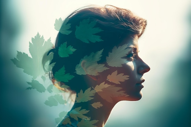 Double exposure from female profile and green forest leaves Ecological environment care beauty and health concept Generative AI illustration