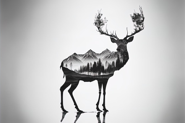 Double exposure generative AI of a deer and jungle on white background Camping concept Vintage Grizzly for tshirt design sticker poster and wallpaper Adventure deer illustration