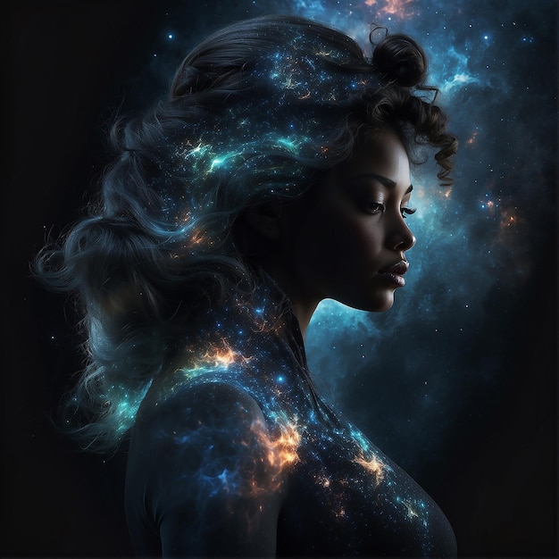 Double exposure of girl silhouette and night galaxy