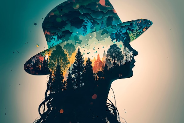 Double exposure of girl wearing hat and full forest Generative AI