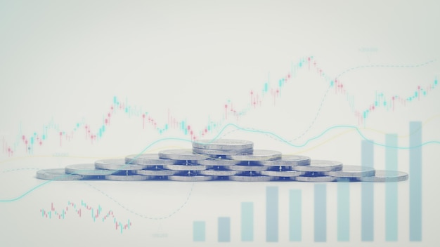 Double exposure of graph and rows of coins for finance saving banking business concept