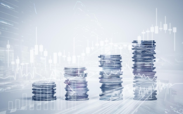 Double exposure of graph and rows of coins for finance saving banking business concept