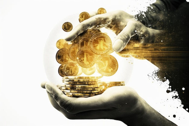 Double exposure of hand holding stack of gold coins against white background investment and finance concept