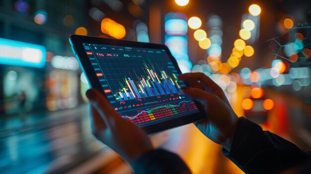 Double exposure of hands holding a tablet with financial data overlaid with stock market graphs and research documents