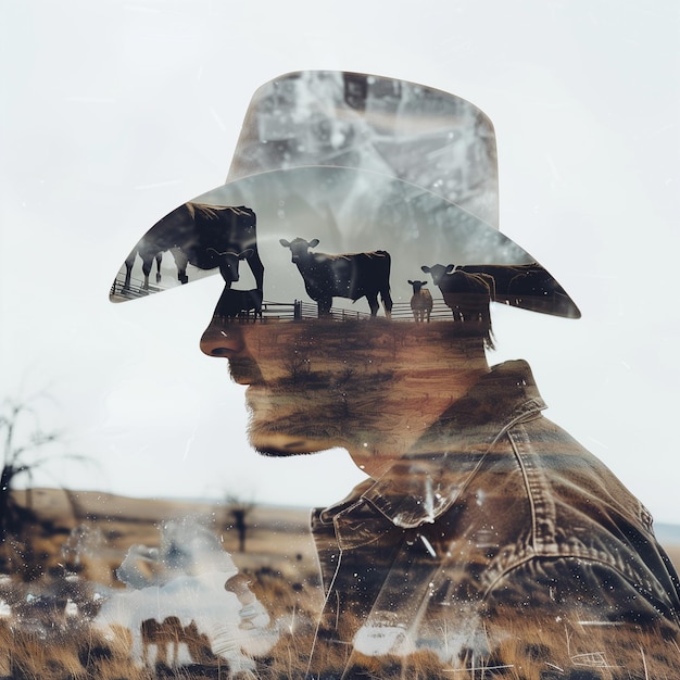 Double exposure of a happy cowboy and cattle farm