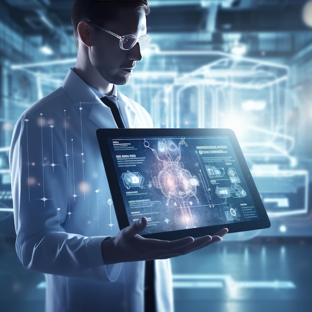 Double exposure of healthcare And Medicine concept Doctor and modern virtual screen interface Generate Ai