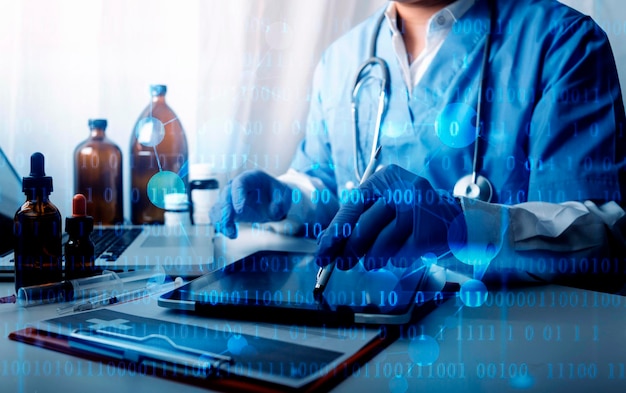 Double exposure of healthcare And Medicine concept Doctor and modern virtual screen interface