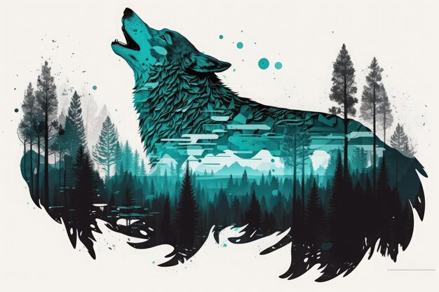 Photo double exposure howling wolf and a forest