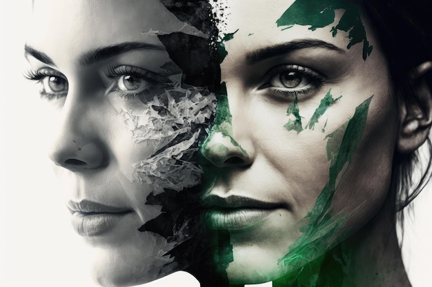 Double exposure human face white black hair green eyes portrait idea