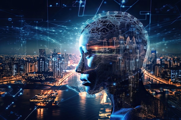 Double exposure of human head and cityscape background Artificial intelligence concept artificial intelligence taking over the world AI Generated