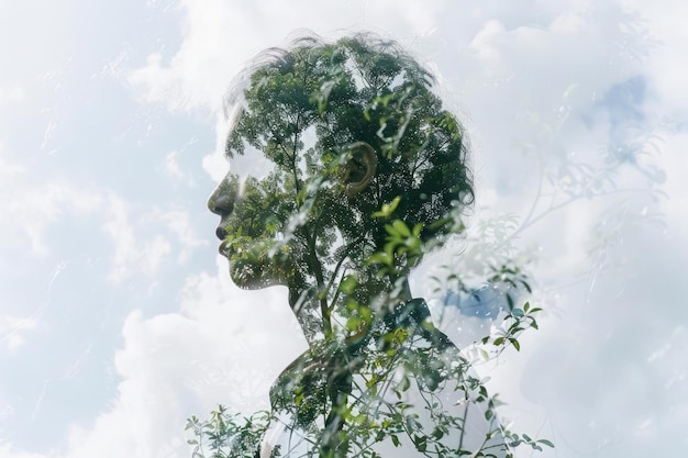 Photo double exposure human with trees clouds symbolizes unity with the environment