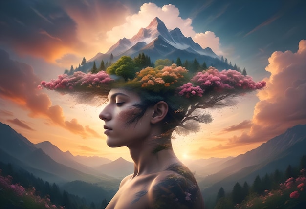 Double Exposure HumanNature trees flowers mountain sunset nature mind expressive creative art