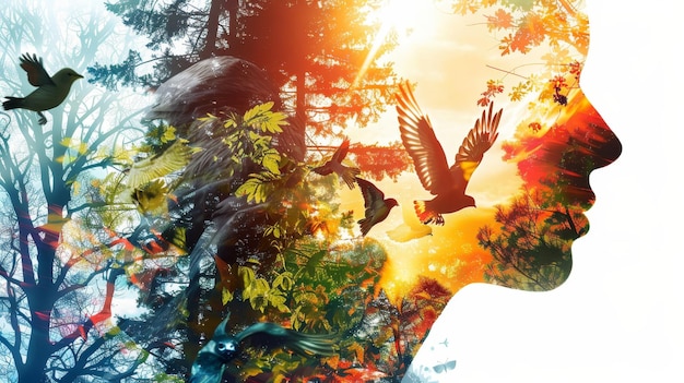 Photo a double exposure image blending a human profile with nature elements trees and birds symbolizing ha