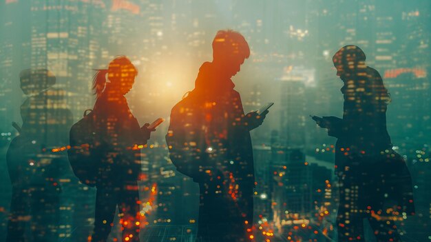 Double Exposure Image of Business Communication Network Technology Concept Business people