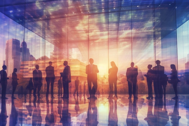 Double exposure image of business people conference group meeting on city building in background