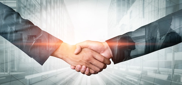 Double exposure image of business people handshake on city office building