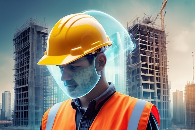 Double exposure image of construction worker holding safety helmet and construction