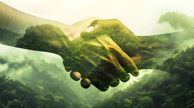 A double exposure image depicting a handshake overlaid with a lush green forest symbolizing