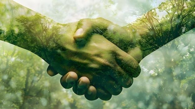 A double exposure image depicting a handshake overlaid with a lush green forest symbolizing