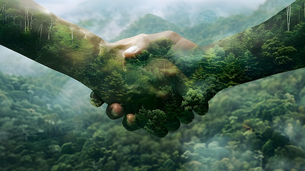 Photo a double exposure image depicting a handshake overlaid with a lush green forest symbolizing