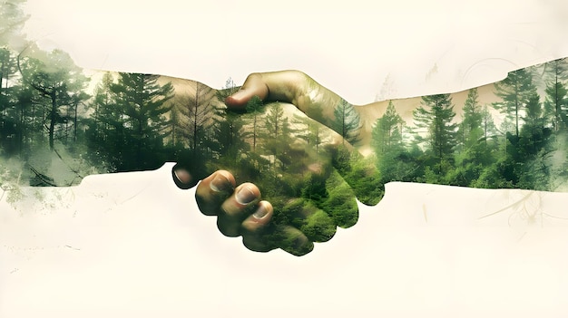 A double exposure image depicting a handshake overlaid with a lush green forest symbolizing