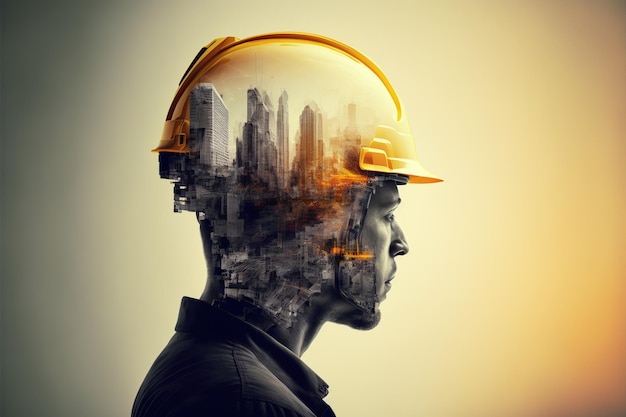 Double exposure image of engineer safety helmet with city