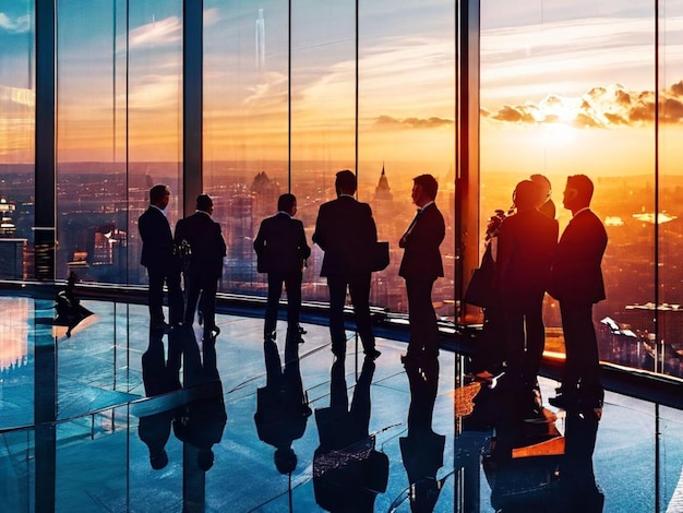 Double exposure image of many business people conference group meeting on city office building in ba