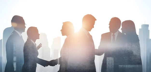 Double exposure image of many business people conference group meeting on city office building in ba